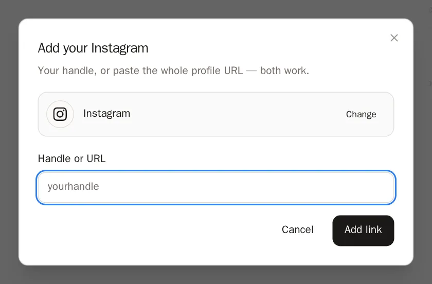 Screenshot of Type your handle or paste your link