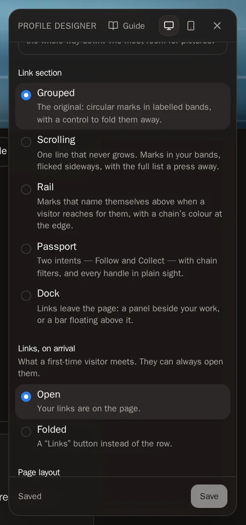Screenshot of Links and layout